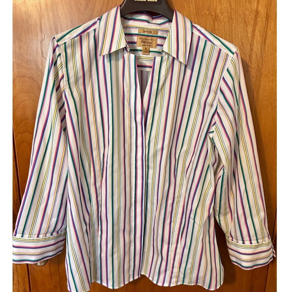 Investments Taylor Gold Label Shirt Multi Color Vertical Stripe Non-Iron Size 18